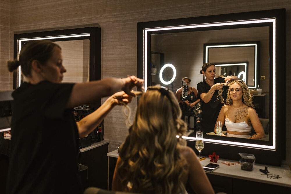 Bride getting ready in the Delamere Manor Beauty Parlour