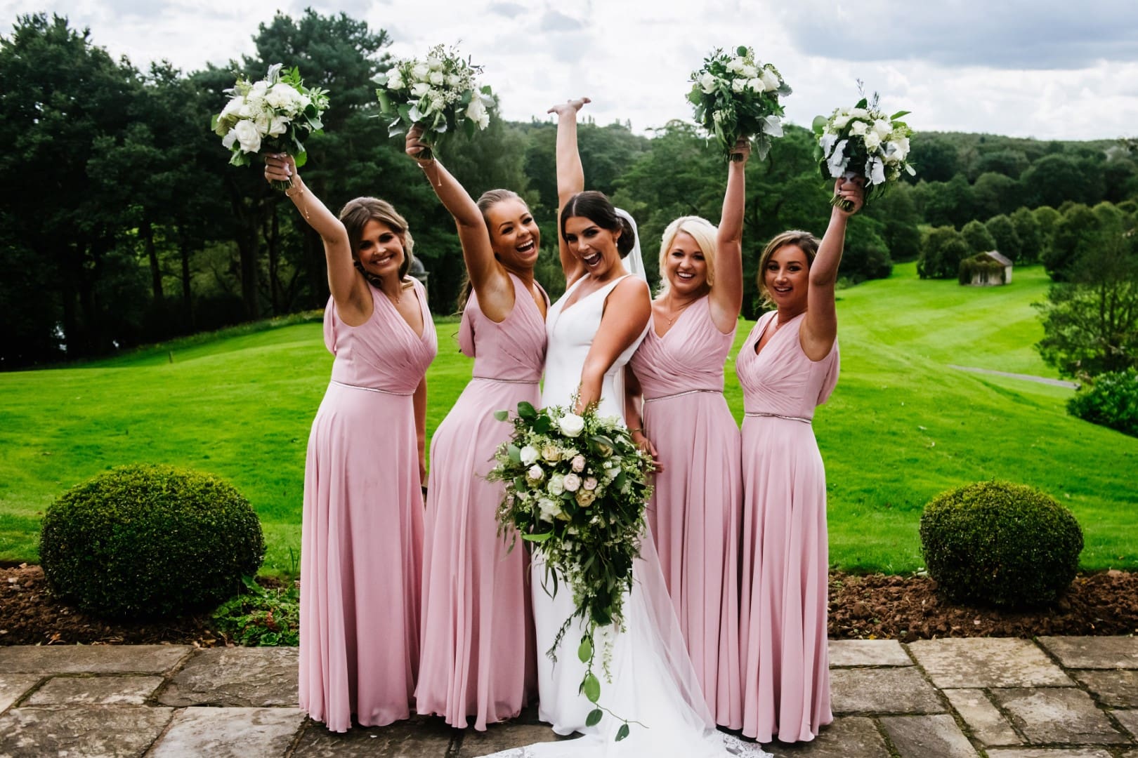 Bride And Pink Bridesmaids Raise Youre Hands Up – James Jebson