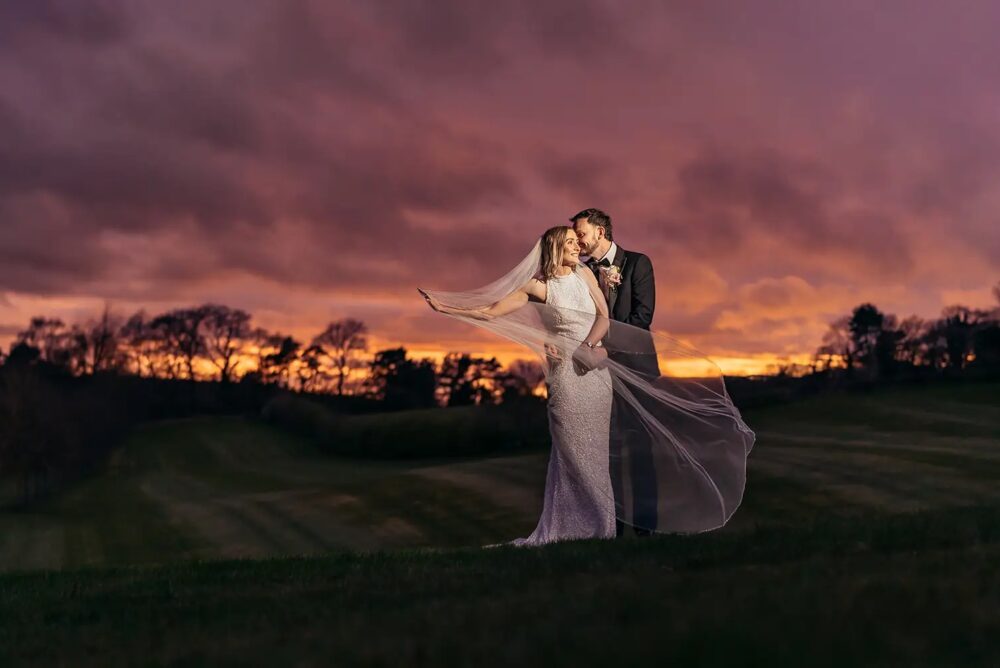 Wedding Couple at Sunset at Delamere Manor
